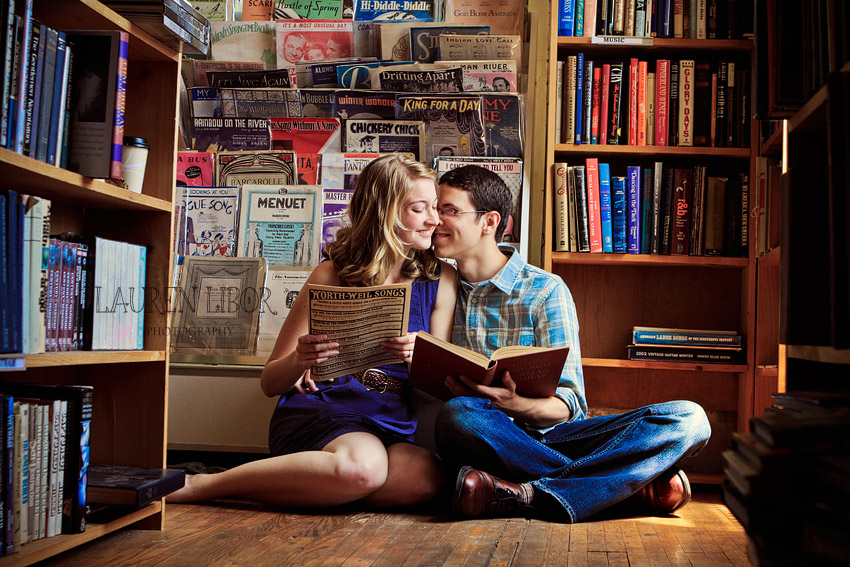 cute bookstore engaged couple