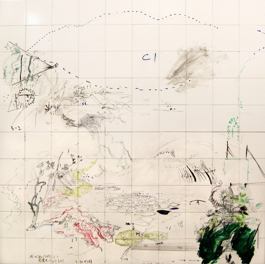 'Turnoff Paradise sense-surfing part 1&2' by Masanori Handa (2007). Oil, felt-tip pen on tile, mounted on 2 wood panels, 148.0×148.0cm. Courtesy of Kodama Gallery.