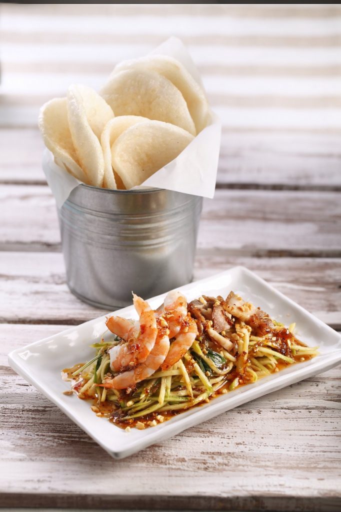 Rice Crackers served with Salad of Crunchy Green Mango, Prawns, Pork Belly & Crushed Peanuts