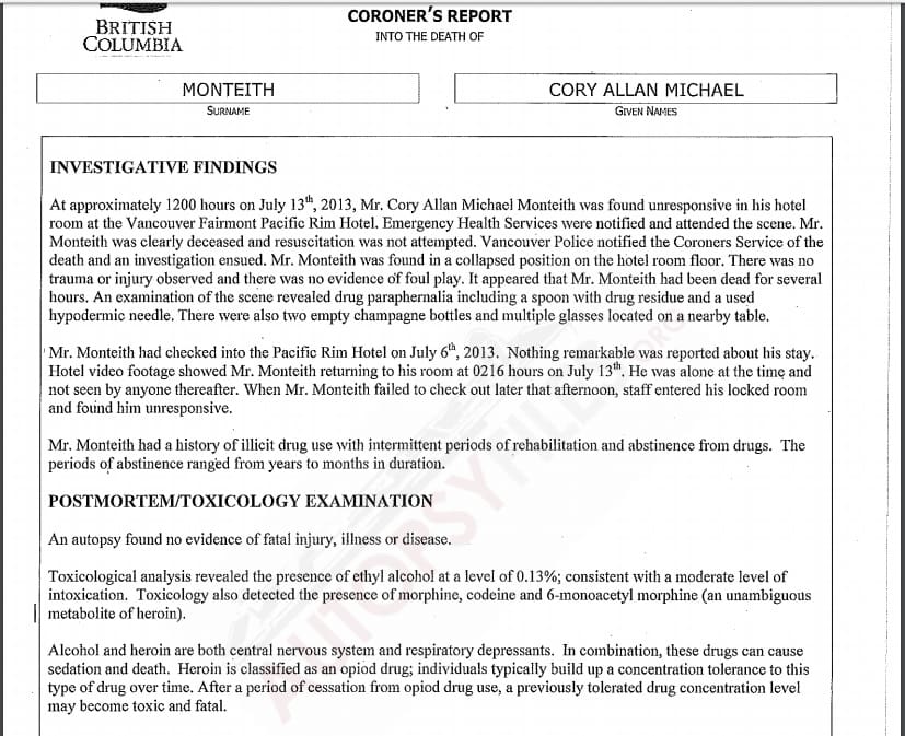 Photo: Screenshot of Cory Monteith's Post-Mortem Report from Autopsyfiles.org 