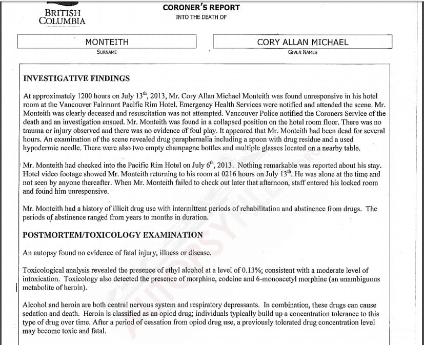 Photo: Screenshot of Cory Monteith's Post-Mortem Report from Autopsyfiles.org
