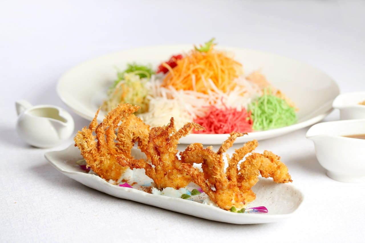 Soft shell crab with wasabi sauce yee sang, part of the Chinese New Year yee sang offering in Tao Chinese Cuisine.