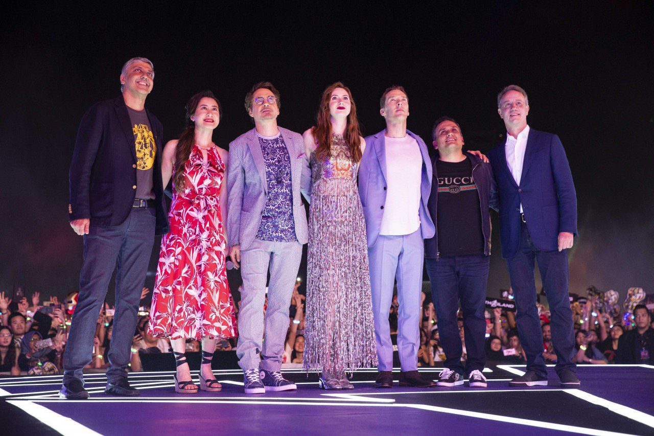 From L R Mahesh Samat Trinh Tran Robert Downey Jr Karen Gillan Benedict Cumberbatch Joe Russo and George Tanasijevich at the Event Plaza 2