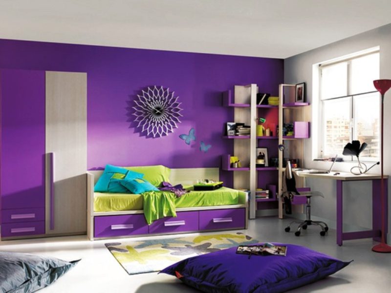 children bedroom purple interior with study space and playing kids space