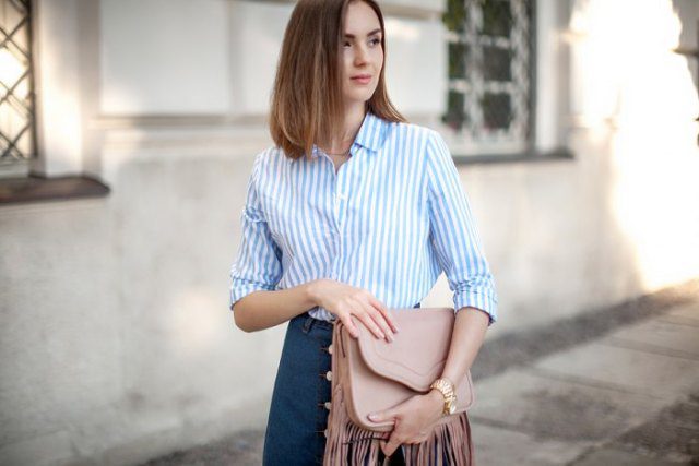 sky blue and white pinstriped shirt navy high waisted knee length skirt